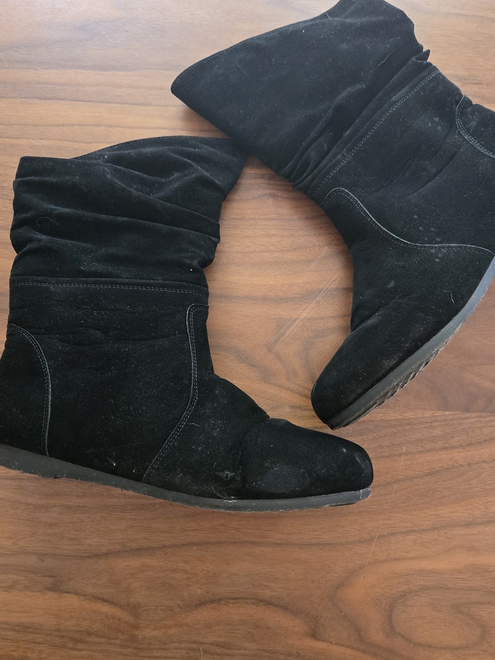 Black Suede Slouchy Boots Mid Calf Wedge Round Toe Boho Size 9